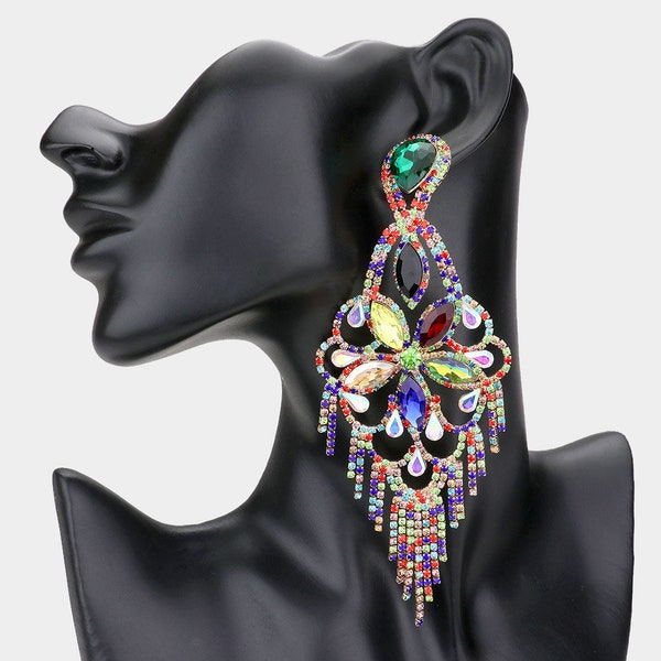 Long Multi Color Chandelier Earrings | Pageant Jewelry | Long Multi Color Pageant Earrings | Statement Earrings| Long Crystal Earrings| 1417