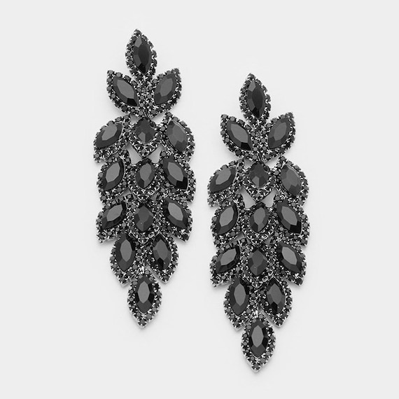 Black Crystal Earrings Black Chandelier Earrings Long | Etsy