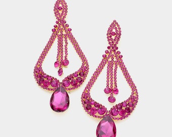 Long Fuchsia Chandelier Earrings | Miss America Earrings | Long Fuchsia Pageant Earrings | Pageant Jewelry | Statement Earrings | 7190