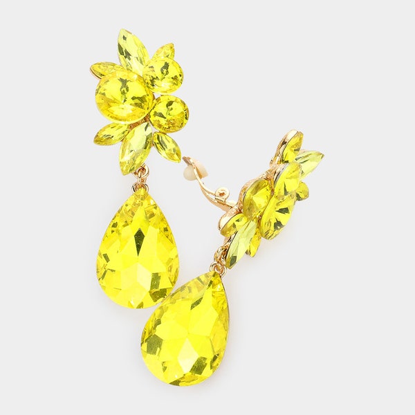 Yellow Clip On Pageant Earring|Yellow Clip On Prom Earring|Long Yellow Clip On Drop Earrings|Yellow Clip On Triple Drop Earring|1373