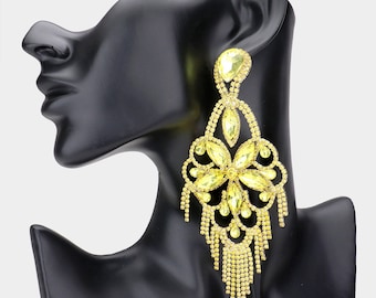 Long Yellow Chandelier Earrings | Pageant Jewelry | Long Yellow Pageant Earrings | Statement Earrings | Long Crystal Earrings | 1417