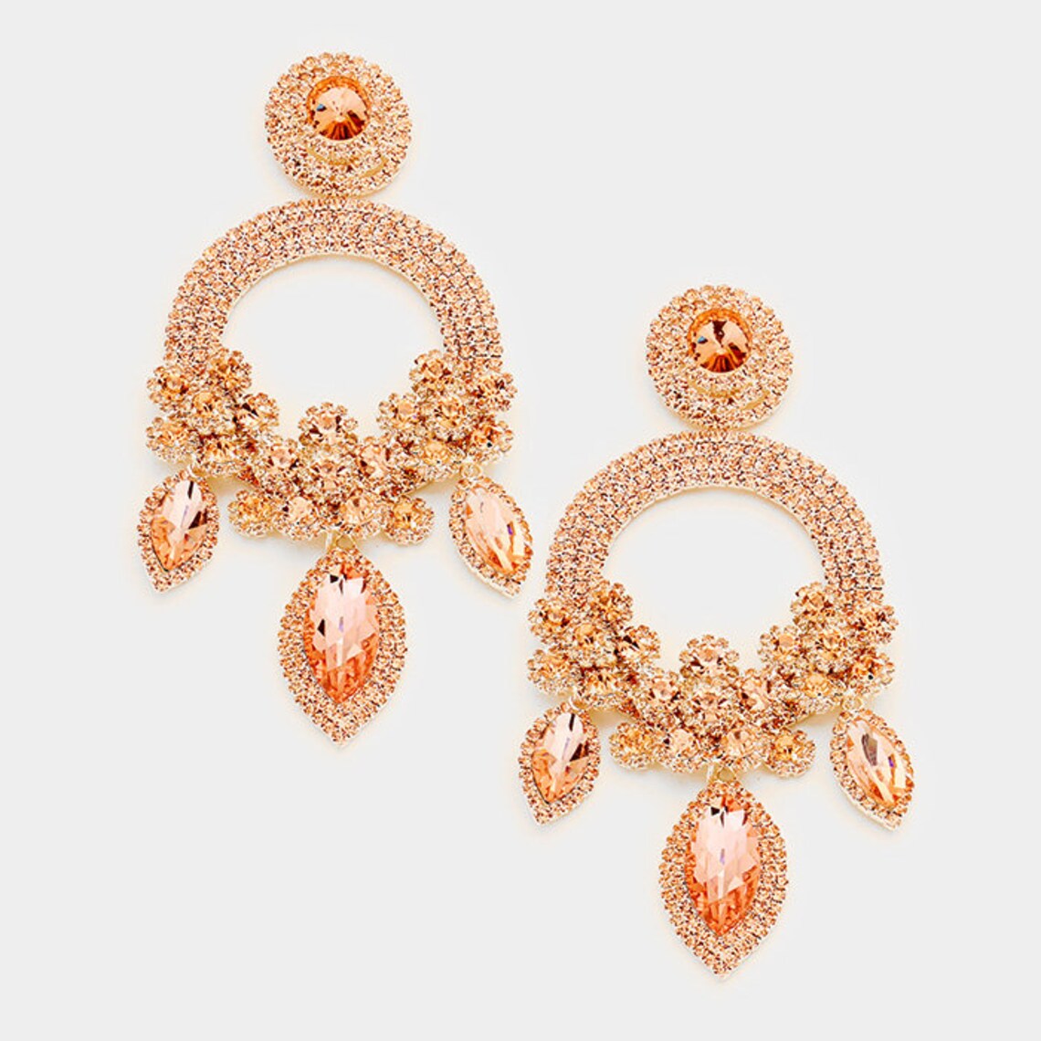 Long Peach Chandelier Earrings Big Peach Crystal Earrings Etsy