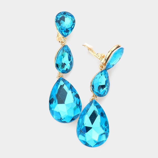 Aqua Clip On Pageant Earrings | Aqua Clip On Prom Earrings | Long Aqua Clip On Drop Earrings | Aqua Clip On Triple Drop Earrings | C1419