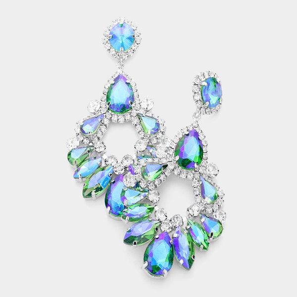 Long Blue Green Chandelier Earrings| Big Blue Green Earrings| Long Blue Green Pageant Earrings | Crystal Prom Earrings| 2133