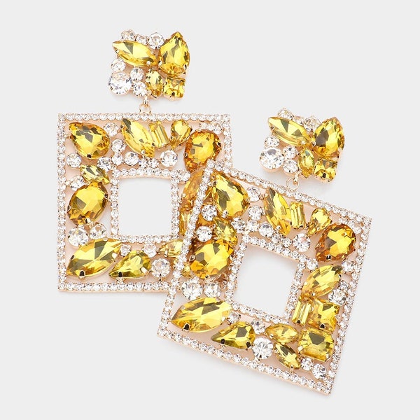 Large Yellow Crystal Chandelier Earrings | Yellow Crystal Square Chandelier Earrings | Pageant Earrings | Prom Earrings | 2429