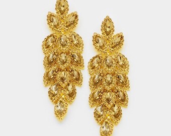 Gold Stoned Crystal Earrings|Gold Stoned Chandelier Earrings|Long CrystalEarrings| Crystal Pageant Earrings| Gold Stoned Prom Earrings|E3046