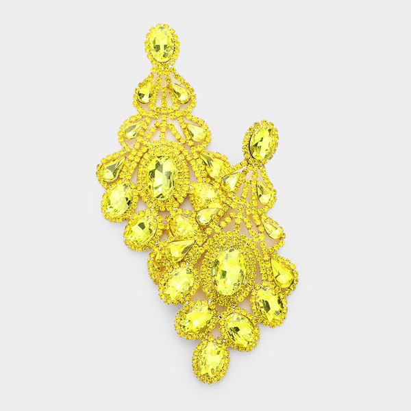 Large Yellow Chandelier Earrings | Long Yellow Chandelier Earrings | Pageant Jewelry | Big Pageant Earrings | Statement Earrings | 3021