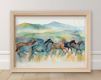 Minimalist Abstract, Galloping Herd of Horses Print, Watercolor, Equine Poster, Wild Horses Painting, Western Drawing, Ranch Art, Farm, West