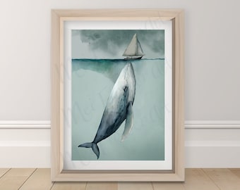Jonah and the whale, Minimalist art, Digital Download Print, Christian Big Fish, Jonah 2:2 Bible Painting, Religious Drawing, Watercolor art