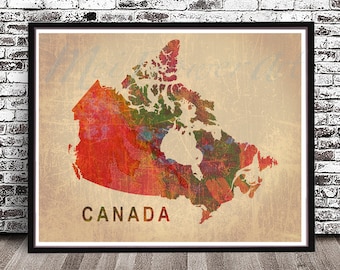 Vintage Canada country map PRINT, watercolor painting styled POSTER, wall art, watercolor, skyline cityscape Montreal Vancouver Toronto red