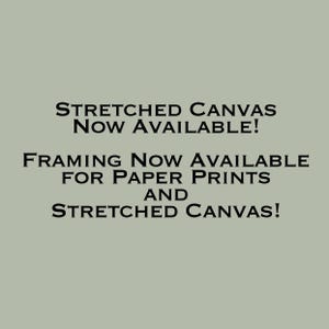 May include: Text on a light gray background that reads "Stretched Canvas Now Available! Framing Now Available for Paper Prints and Stretched Canvas!"
