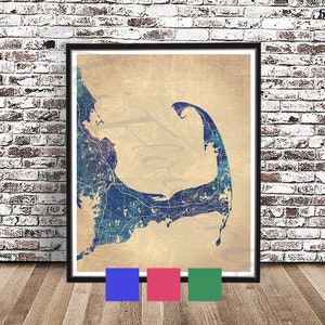 May include: A vintage-style map print of Cape Cod, Massachusetts, with a blue and green color scheme. The map is framed in a black frame and has a distressed, aged look.