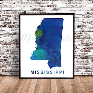 Mississippi State Watercolor map PRINT, water color painting POSTER, wall art decor Illustration drawing, State Mississippi Blue watercolour