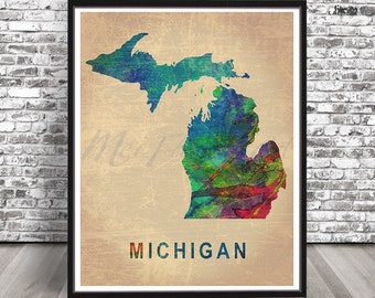 Vintage Michigan state watercolor map watercolor painting Michigan St cityscape print art Illustration drawing rainbow MI Blue distressed