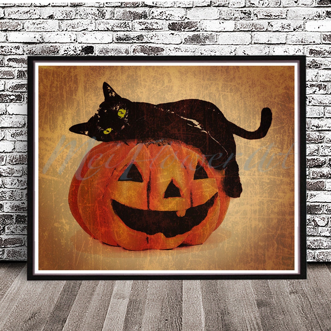 Póster de arte con impresión de acuarela vintage de calabaza de gato negro  de Halloween, temporada de jackolantern, decoración naranja desgastada para 