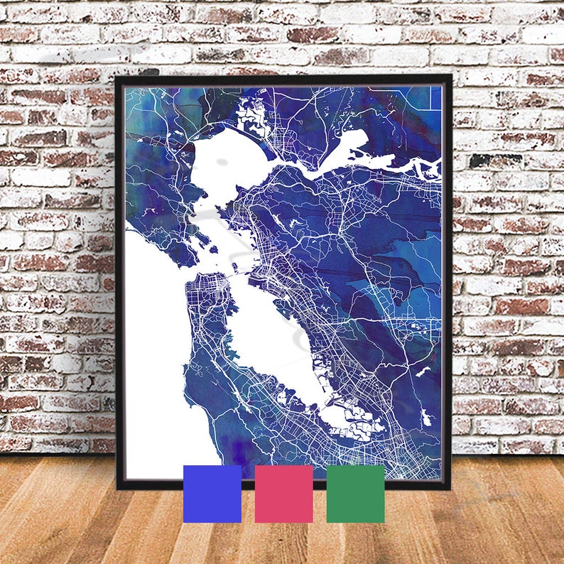 May include: A framed watercolour map of San Francisco Bay Area with a blue and white colour scheme. The map shows the city streets and the surrounding water.