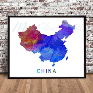 China map, watercolor painting style PRINT, art watercolour travel skyline cityscape, People&#39;s Republic, Nation Beijing, Hong Kong Blue