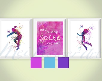 Juego de 3 impresiones de voleibol femenino, pintura de acuarela de voleibol femenino, póster de lienzo Spike, regalo de entrenador, decoración deportiva femenina, serie de pared