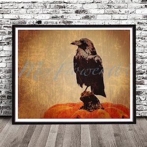 Vintage Halloween Decor Raven Pumpkin watercolor painting print art poster jackolantern season October Fall black cat distressed orange