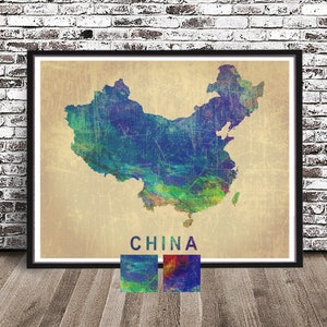 Vintage China country map watercolor painting city print art watercolour skyline cityscape People&#39;s Republic Nation Beijing Hong Kong Blue