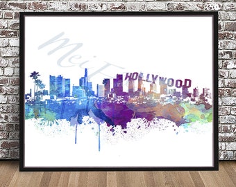 Los Angeles City Skyline, Watercolor Print Cityscape, California Wall Art, LA Poster, Hollywood Sign, Venice Beach CA, Retro decor, drawing