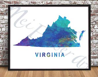 Virginia State Watercolor, VA state Print, Virginia State Map Painting, Virginia poster, Drawing Virginia Illustration, VA watercolour,