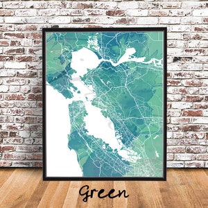 May include: A framed watercolour map of San Francisco Bay Area with a green and blue colour scheme. The map shows the city streets and the bay. The word "Green" is printed below the frame.