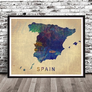 May include: A watercolor-style map of Spain with a blue, green, and purple color scheme. The map is on a beige background with a distressed texture. The word "SPAIN" is printed in black below the map.