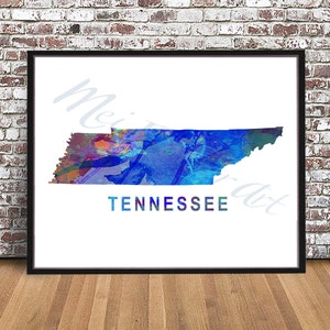Tennessee watercolor watercolour Tennesee state painting, Map, Nashville Memphis city print art, Illustration, cityscape, rainbow, TN state