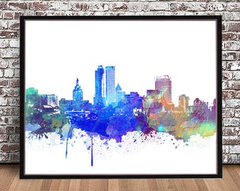 Horizonte de la ciudad de Tulsa, impresión estilo acuarela, póster de paisaje urbano, silueta, arte de pared, giclée, acuarela, pintura, arcoíris Oklahoma OK,
