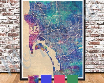 Vintage San Diego Street Map Watercolor, San Diego Streetmap painting PRINT, San Diego Water color, Art, City California, print decor Poster