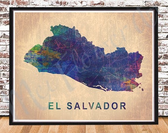 Vintage El Salvador map old, PRINT water color, painting map, print art El Salvadoran Wall Decor Home, SV SLV,  El Salvador Watercolor Art