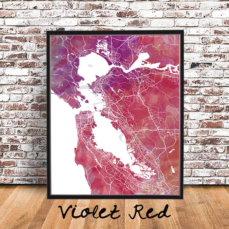 May include: A watercolour map of San Francisco in shades of violet and red. The city streets and landmarks are outlined in white. The text "Violet Red" is written below the map.