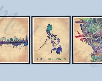 Conjunto de impresiones de mapas antiguos de Filipinas, acuarela, mapas filipinos, póster de Filipinas, mapas de acuarela de Manila, arte mural, serie Manila