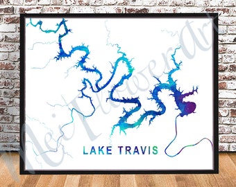 Lake Travis PRINT, Watercolor Lake map, Travis Texas Poster, TX Lake Painting, Art Texas map painting, Travel Illustration, drawing