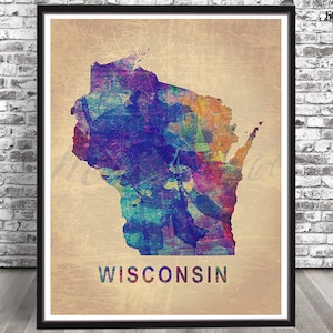 Vintage WISCONSIN state map watercolor styled PRINT Milwaukee cityscape art Illustration watercolour painting city WI Wis Mil Blue rainbow