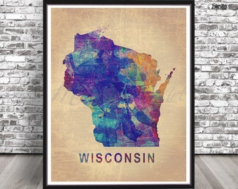 Vintage WISCONSIN state map watercolor styled PRINT Milwaukee cityscape art Illustration watercolour painting city WI Wis Mil Blue rainbow