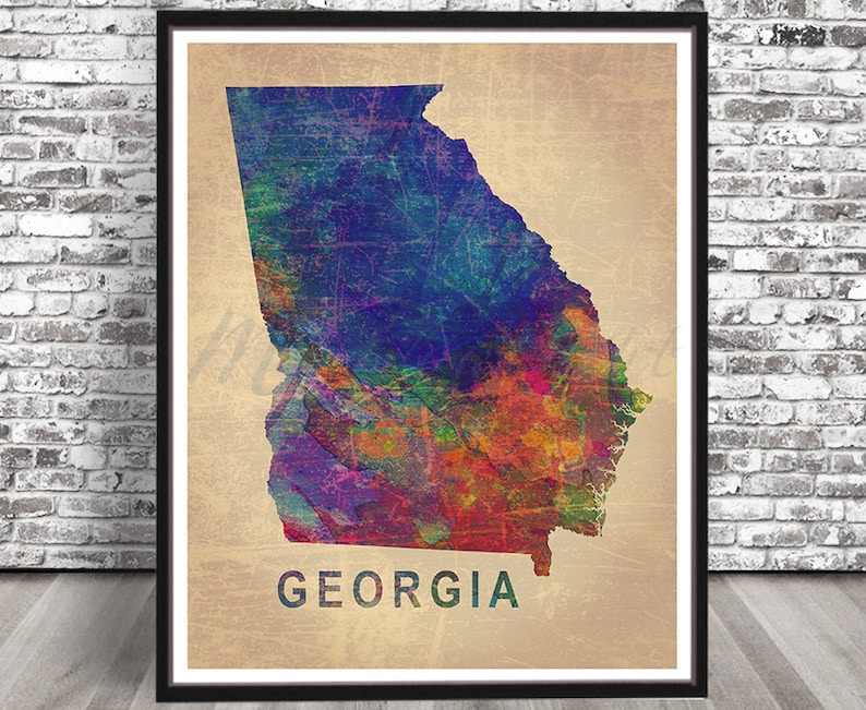May include: A colorful watercolor illustration of the state of Georgia. The map is outlined in black and the state name is written in black text below the map.