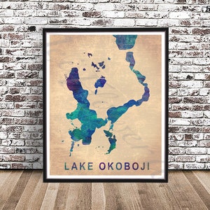 Vintage Lake Okoboji PRINT, Watercolor Lake map Okoboji Iowa Poster IA Lake Painting Okoboji, Art map Travel, Okoboji wall art, Water Sports