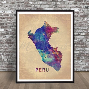 Vintage Peru watercolor, country painting, city print art Illustration watercolour rainbow, travel, retro skyline, cityscape, Incan, blue