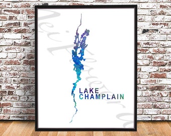 Lake Champlain PRINT, Water color Lake map, Champlain New York Poster, Vermont, Lake Painting, decorating-lake house, Lake house gifte, lake