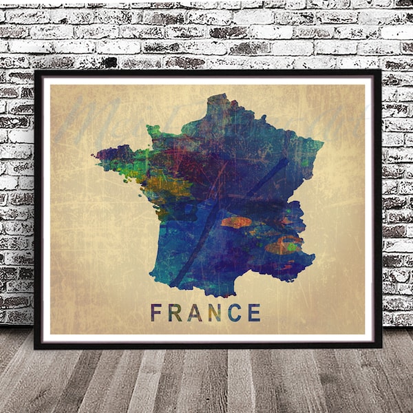 Vintage France country map watercolor painting city print art watercolor travel skyline cityscape French Republic Paris  Eiffel Tower blue