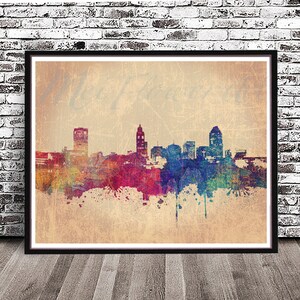 Vintage Raleigh NC City Skyline, watercolor style print Cities in North Carolina, Cityscape poster, watercolor painting, wall art decor
