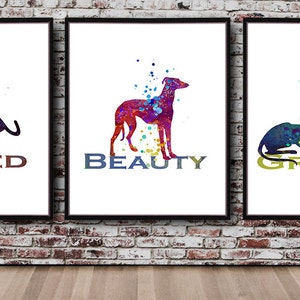 Greyhound watercolor PRINT Series, Speed Beauty Grace words, painting Show Dog, Gray Hound Quote, Illustration drawing watercolour wall art
