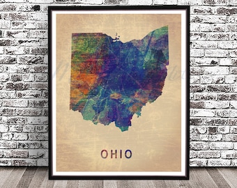 Ohio state watercolor, vintage map, water color painting, print, art, Illustration, drawing, OH, distressed, vintage Ohio poster, artfulohio