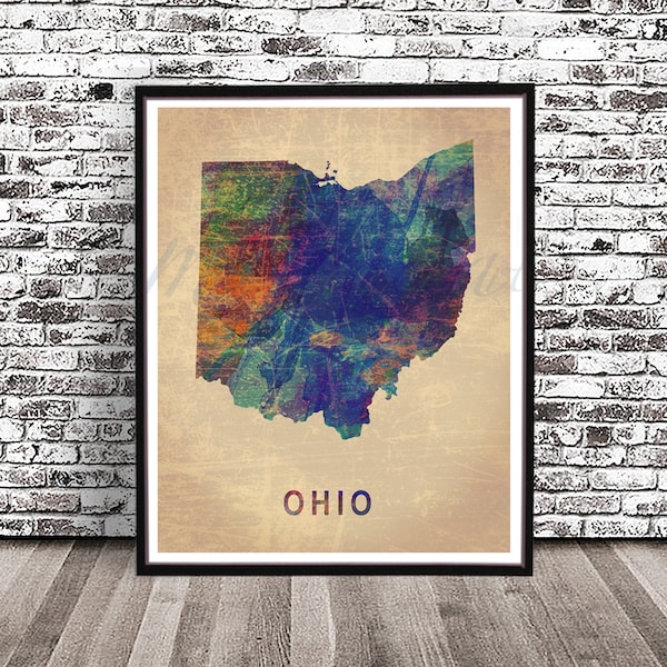Ohio state watercolor vintage map watercolour painting print art Illustration drawing OH City skyline Blue distressed Columbus Cleveland