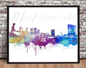 Philadelphia City Skyline PRINT, watercolor style POSTER, watercolor painting, Philly Illustration Cityscape Pittsburg Pennsylvania PA map