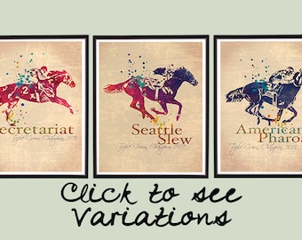 Conjunto de impresiones vintage de campeones de la Triple Corona: Secretariat, Seattle Slew, American Pharoah, pintura de caballo de carreras, póster de pura sangre.