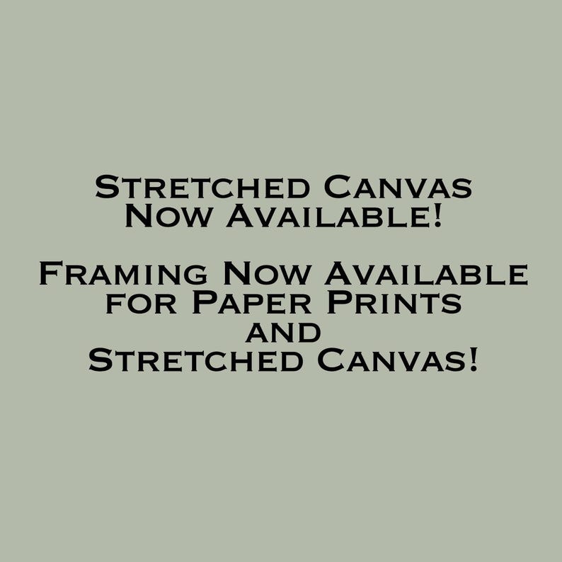 May include: Text on a gray background that reads "Stretched Canvas Now Available! Framing Now Available for Paper Prints and Stretched Canvas!"