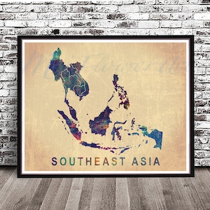 Vintage Southeast Asia map, watercolor styled PRINT, Asia POSTER, wall art, watercolor, Indonesia Philippines Thailand Vietnam city skyline